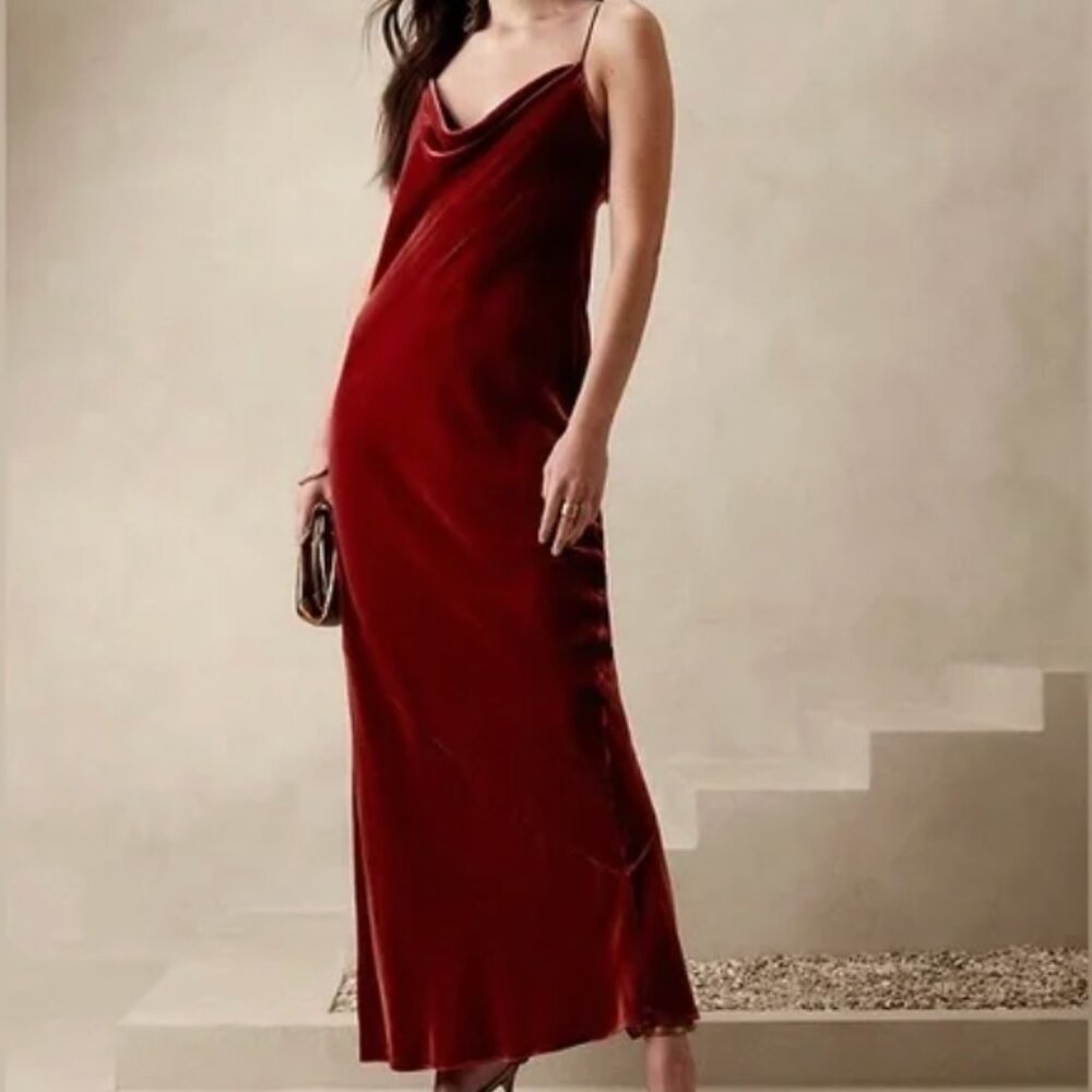 Banana Republic Rita Velvet Maxi Dress XL Burnt Orange “Cabin Red” Slip